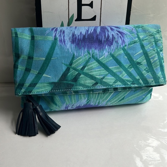 Kimchi Blue Tropical Print Tassel Foldover Clutch Purse Teal Navy Purple - Picture 2 of 7